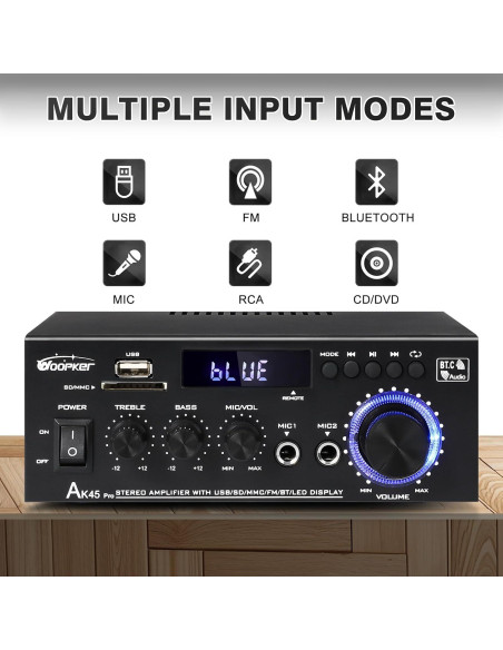 Amplificador Estéreo AK45Pro 400W Bluetooth 5.3 para Hogar