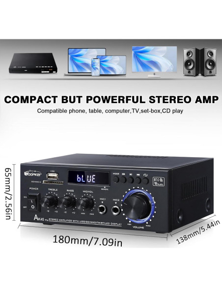 Amplificador Estéreo AK45Pro 400W Bluetooth 5.3 para Hogar