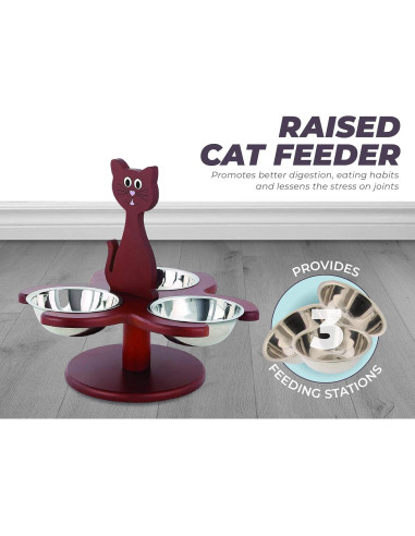Alimentador Elevado para Gatos Etna con 3 Cuencos de Madera