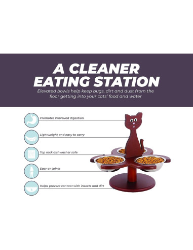 Alimentador Elevado para Gatos Etna con 3 Cuencos de Madera