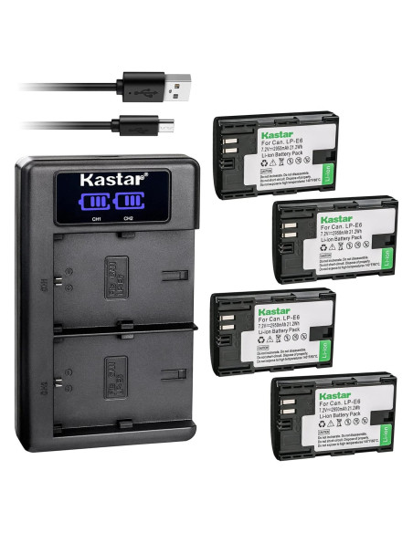 Kastar Cargador USB + 4 Baterías LP-E6 2950mAh para Cámaras