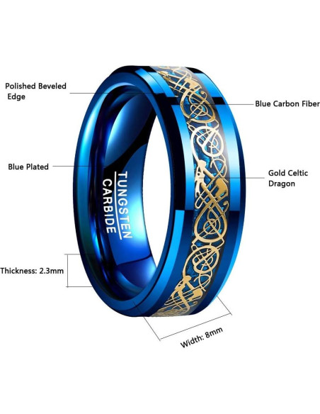 Anillo de Boda VAKKI Dragón Celta 8mm Azul Carburo 10