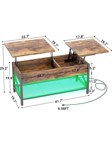 Mesa de café Aheaplus con luz LED y puertos USB, marrón