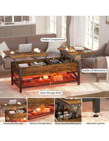 Mesa de café Aheaplus con luz LED y puertos USB, marrón