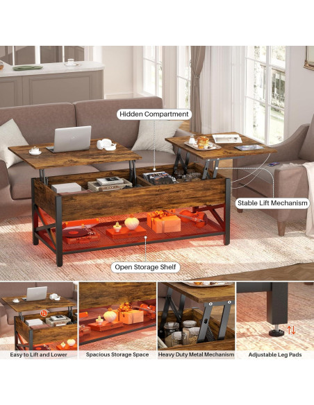 Mesa de café Aheaplus con luz LED y puertos USB, marrón