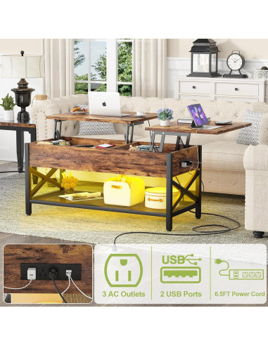 Mesa de café Aheaplus con luz LED y puertos USB, marrón