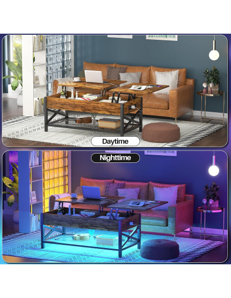 Mesa de café Aheaplus con luz LED y puertos USB, marrón