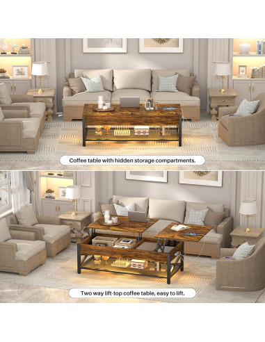 Mesa de café Aheaplus con luz LED y puertos USB, marrón