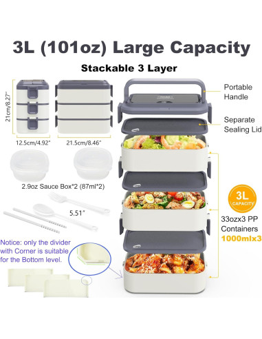 Caja Bento Apilable Kenuket 3000ml 3 Capas A Prueba de Fugas