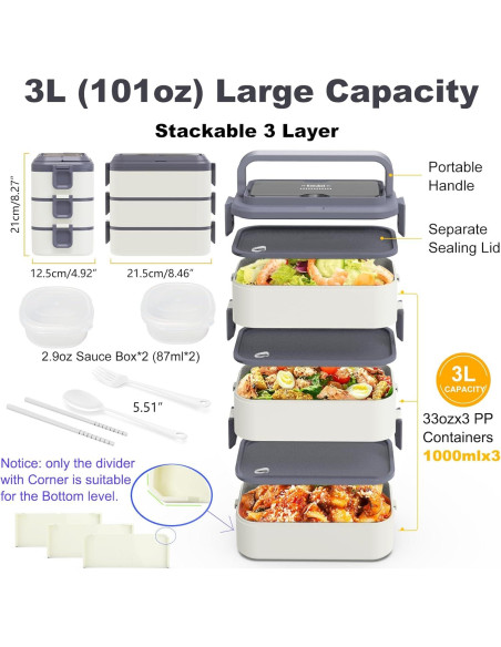 Caja Bento Apilable Kenuket 3000ml 3 Capas A Prueba de Fugas