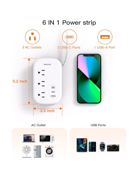Regleta BESHON 3 Salidas y 3 USB-C, Cable 0.97m