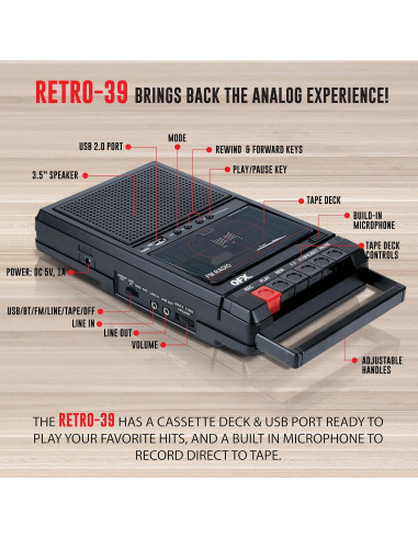 Grabadora de Cinta QFX RETRO-39 USB con Altavoz y Radio FM