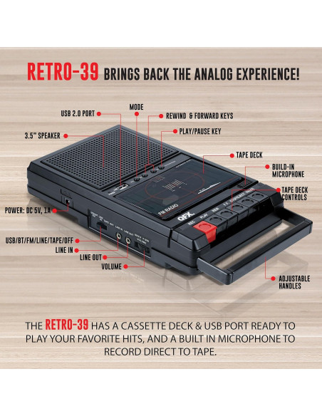 Grabadora de Cinta QFX RETRO-39 USB con Altavoz y Radio FM