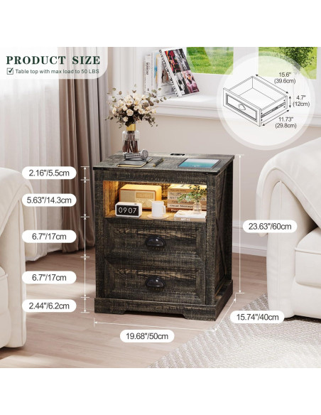 Mesita de Noche FONTOI Campestre con Carga USB y Luz LED