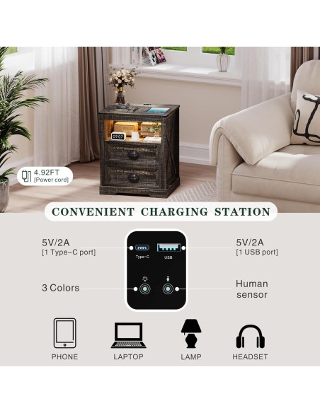 Mesita de Noche FONTOI Campestre con Carga USB y Luz LED