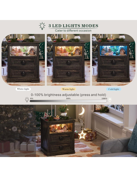 Mesita de Noche FONTOI Campestre con Carga USB y Luz LED