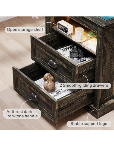 Mesita de Noche FONTOI Campestre con Carga USB y Luz LED