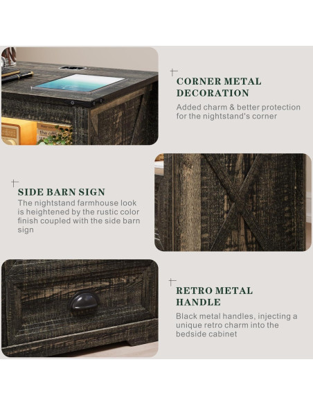 Mesita de Noche FONTOI Campestre con Carga USB y Luz LED