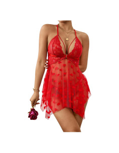 Lencería Sexy Babydoll Rojo Encaje Corazones Talla Grande