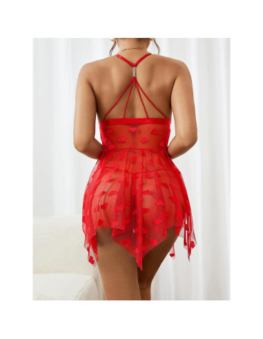 Lencería Sexy Babydoll Rojo Encaje Corazones Talla Grande