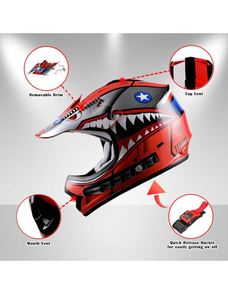 Casco Motocross WOW Youth Shark Rojo Pequeño Aprobado DOT