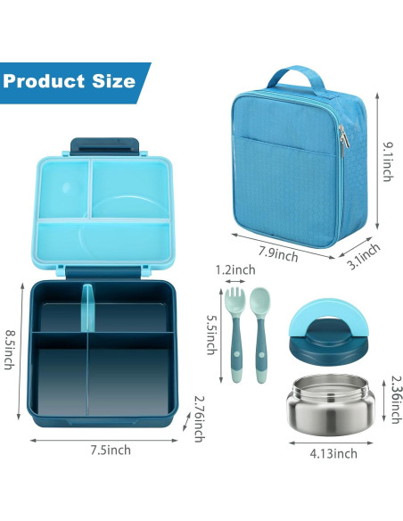 Juego de Almuerzo Bento Howeemo Azul con Termo 227g 4 Compartimentos