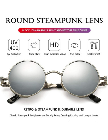 Gafas de sol redondas AIEYEZO Steampunk UV 100% Plata