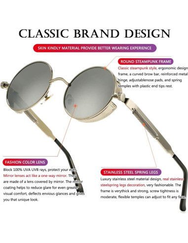 Gafas de sol redondas AIEYEZO Steampunk UV 100% Plata
