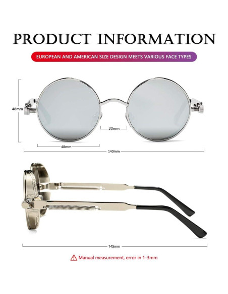 Gafas de sol redondas AIEYEZO Steampunk UV 100% Plata