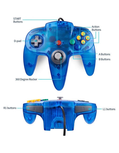 Controlador KIWITATA N64 Retro Azul Claro con Cable 1.7m
