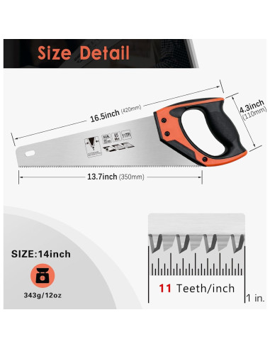 Sierra de Mano WBJKZJD 350mm 11 TPI Mango Ergonómico Antideslizante