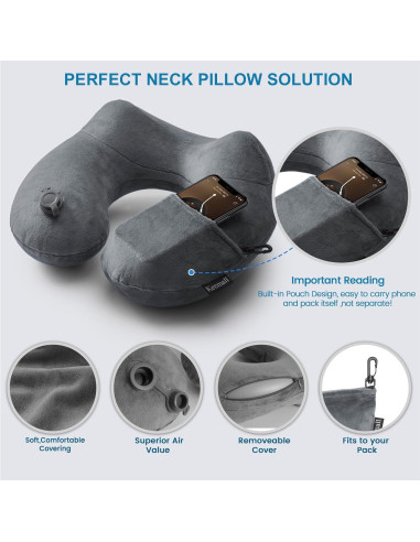 Cojín de viaje inflable Keemall negro gris para cuello