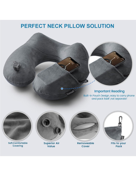 Cojín de viaje inflable Keemall negro gris para cuello