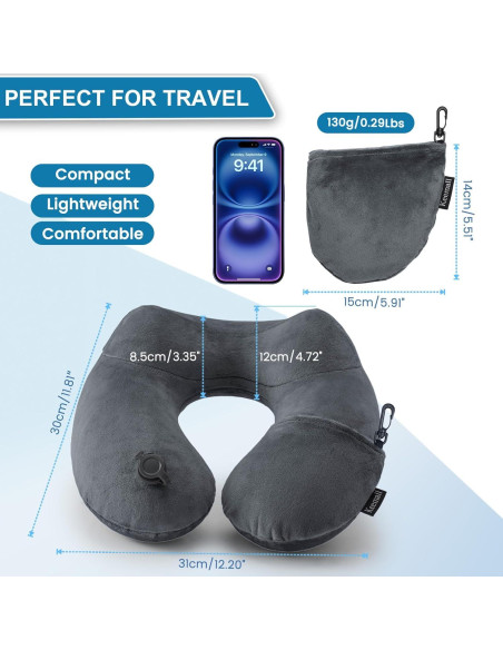 Cojín de viaje inflable Keemall negro gris para cuello