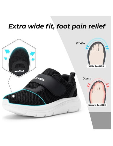 Zapatos Diabéticos FitVille Mujeres 9 Ancho Negro Malla