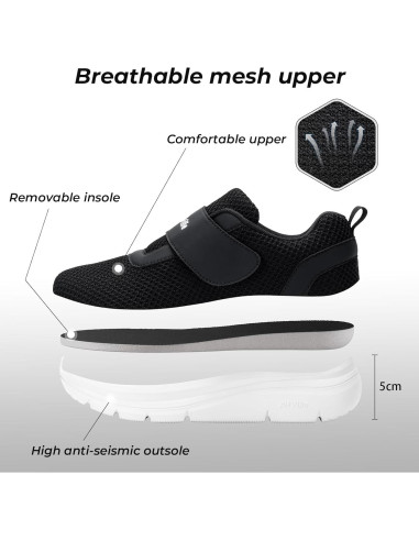 Zapatos Diabéticos FitVille Mujeres 9 Ancho Negro Malla