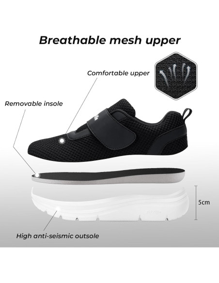 Zapatos Diabéticos FitVille Mujeres 9 Ancho Negro Malla