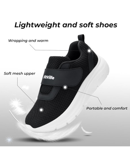 Zapatos Diabéticos FitVille Mujeres 9 Ancho Negro Malla