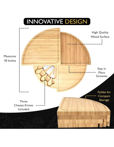 Tablero de Queso Perlli de Bambú 45,72 cm Redondo Plegable