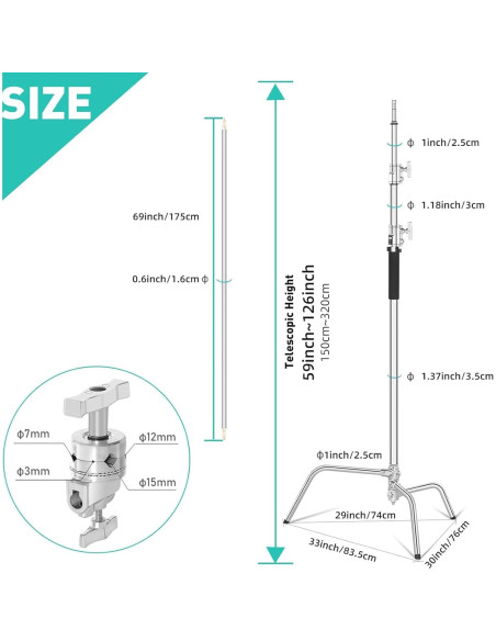 Soporte C de Acero Inoxidable Lapgood 330cm Ajustable con Brazo