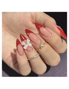 Kit 24 Uñas Postizas Francesas Rojas Sutaozhi con Lazos