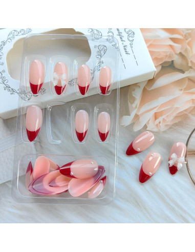 Kit 24 Uñas Postizas Francesas Rojas Sutaozhi con Lazos