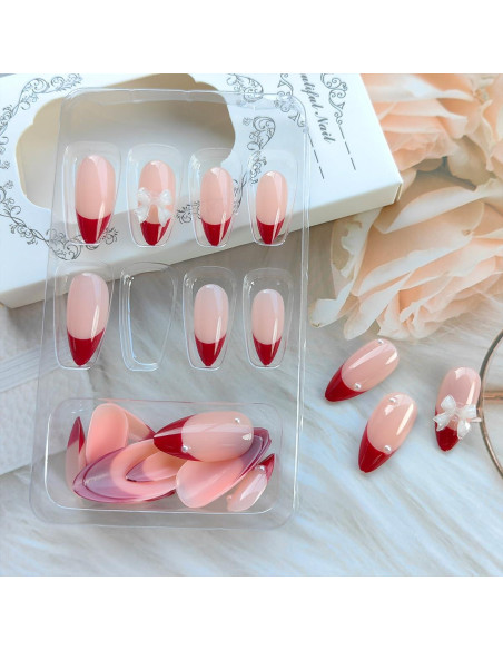 Kit 24 Uñas Postizas Francesas Rojas Sutaozhi con Lazos