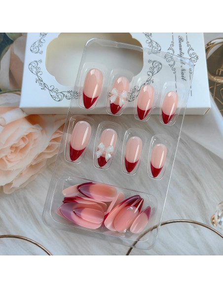 Kit 24 Uñas Postizas Francesas Rojas Sutaozhi con Lazos