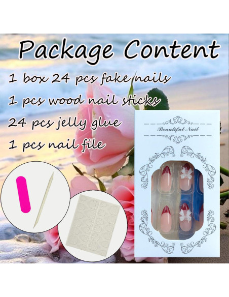 Kit 24 Uñas Postizas Francesas Rojas Sutaozhi con Lazos