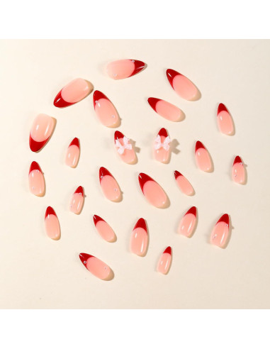 Kit 24 Uñas Postizas Francesas Rojas Sutaozhi con Lazos
