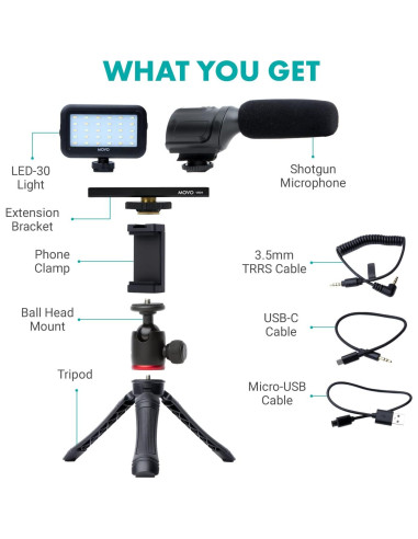 Kit de Vlogging Movo uVlogger con Micrófono y Luz LED