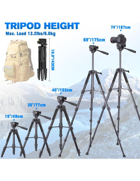Trípode de Cámara Arsoer 187.96 cm Ligero para DSLR y Teléfono