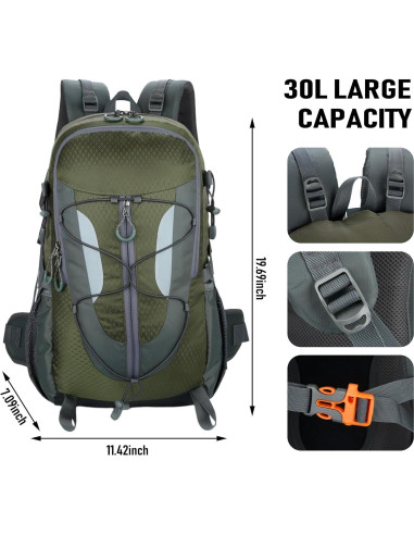 Mochila de Senderismo 30L NPJGKY Impermeable Verde Militar