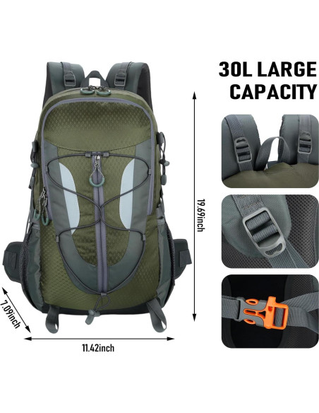 Mochila de Senderismo 30L NPJGKY Impermeable Verde Militar